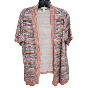 CJ Banks Womens Cardigan Size 14 Rainbow Striped Open Short Sleeve Casual Artsy